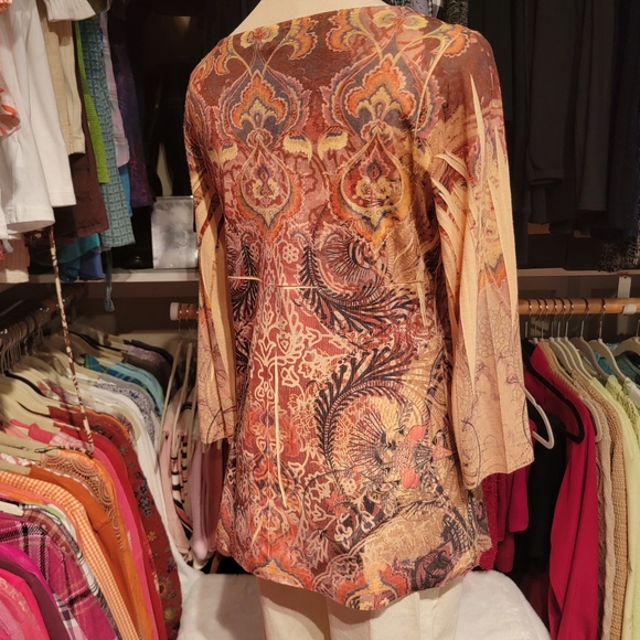 ONEWORLD ♡ Gorgeous Orange|Redish|Black|Tan Graphic Embellished Babydoll Top PL - Picture 10 of 17